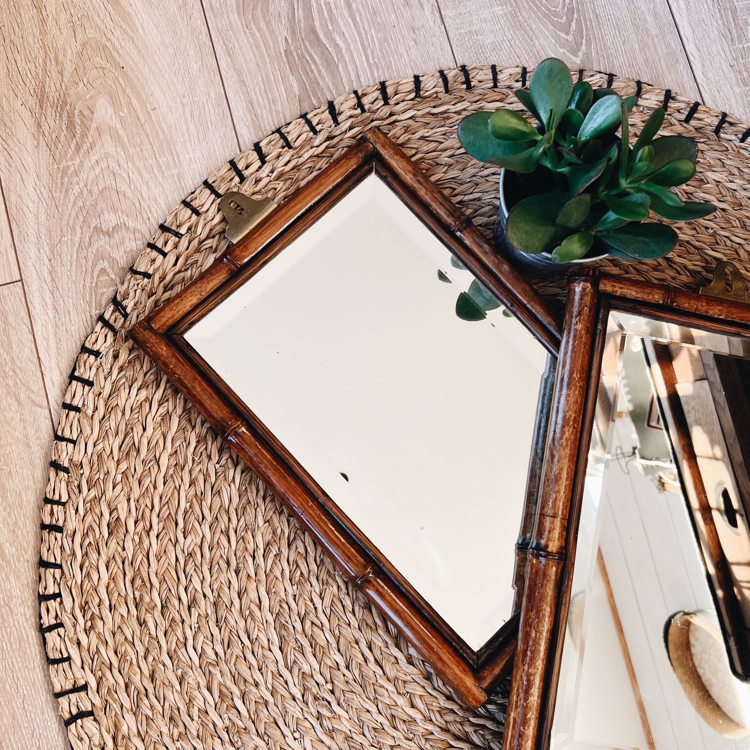Duo of beveled bamboo mirrors