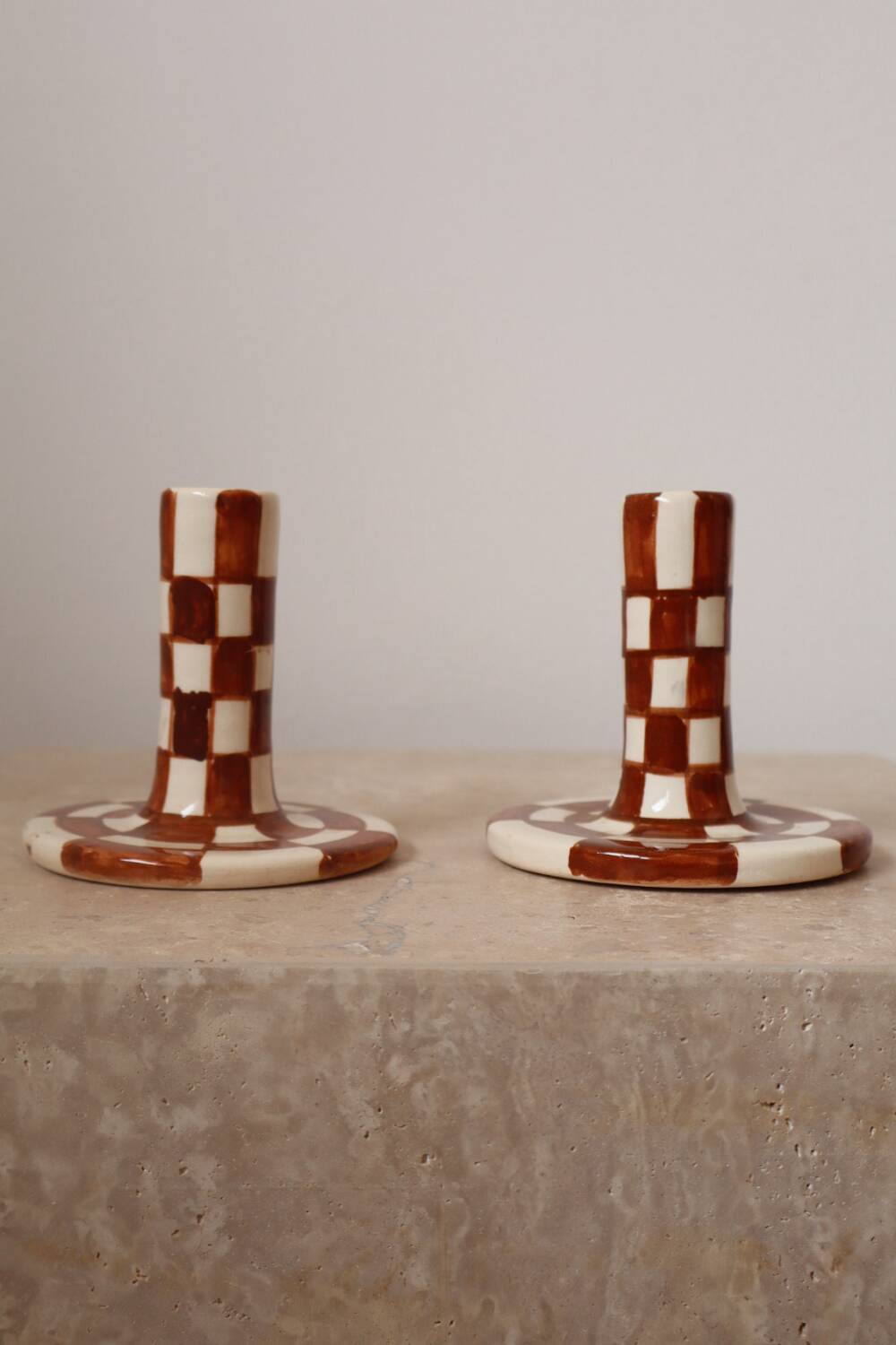 Handmade Brown Checkered Candlestick Holder