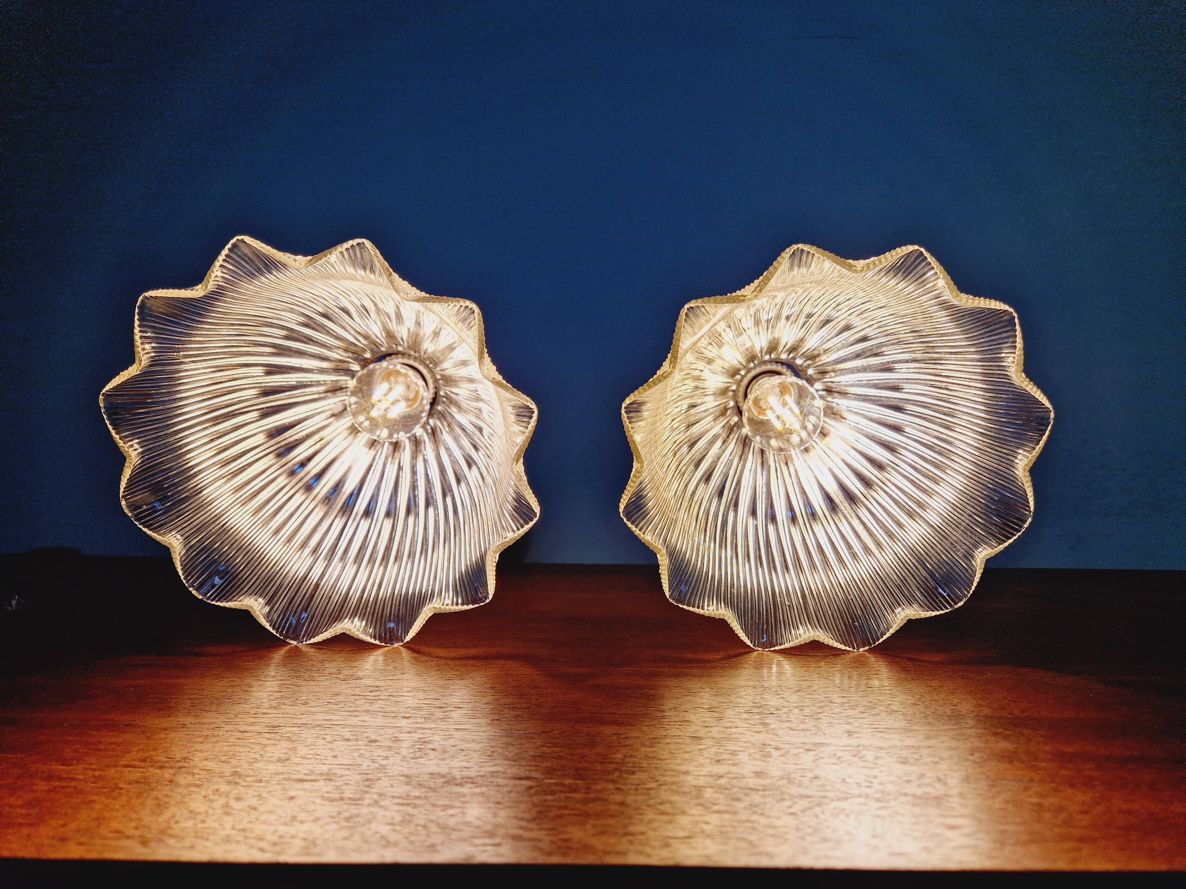 Paire d'appliques murales en bronze et verre rainuré Holophane