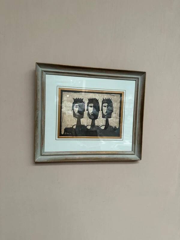Woodcut glazed painting "Three Figures" by A. Holm, vintage & framed 37×32cm