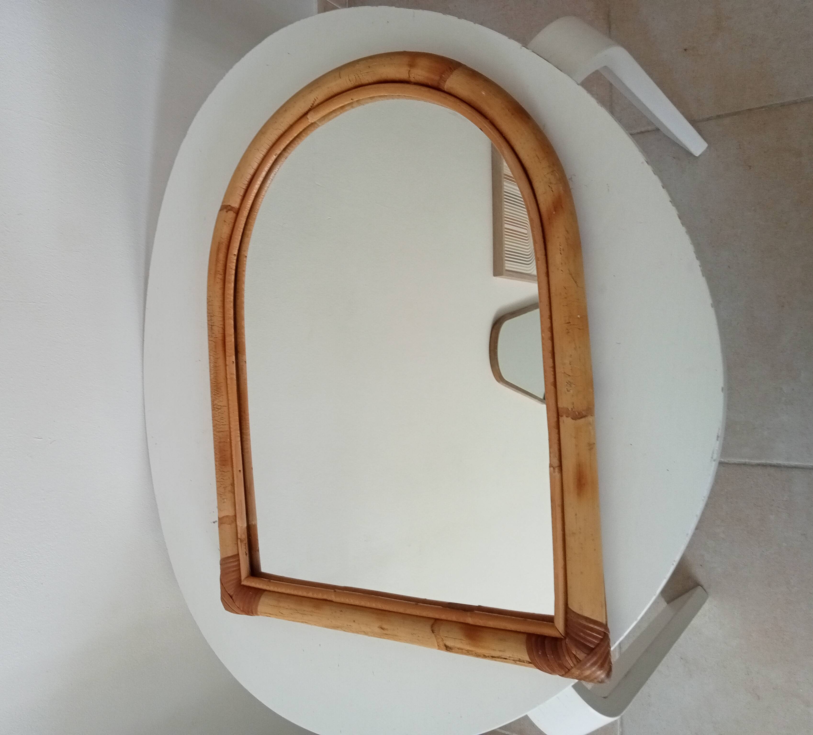 Vintage bohemian arch mirror in bamboo and rattan