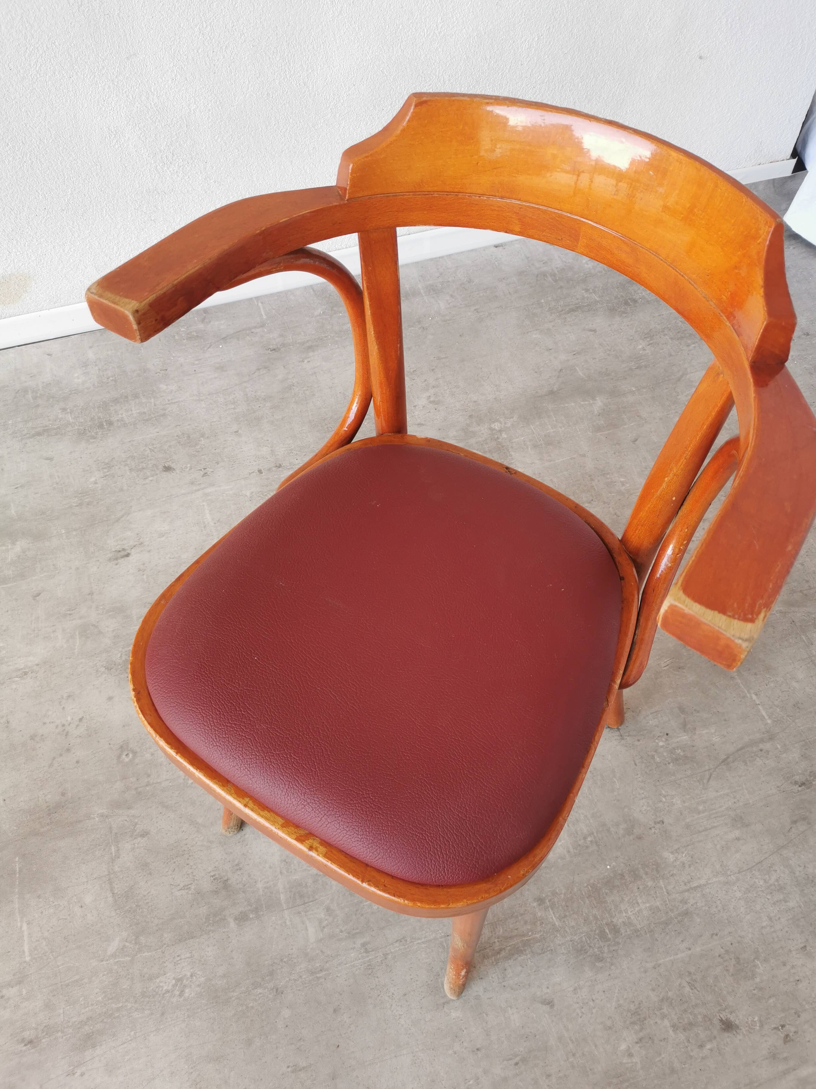 Vintage Bentwood Armchair: 1970s Red Faux Leather Irish Pub Chair