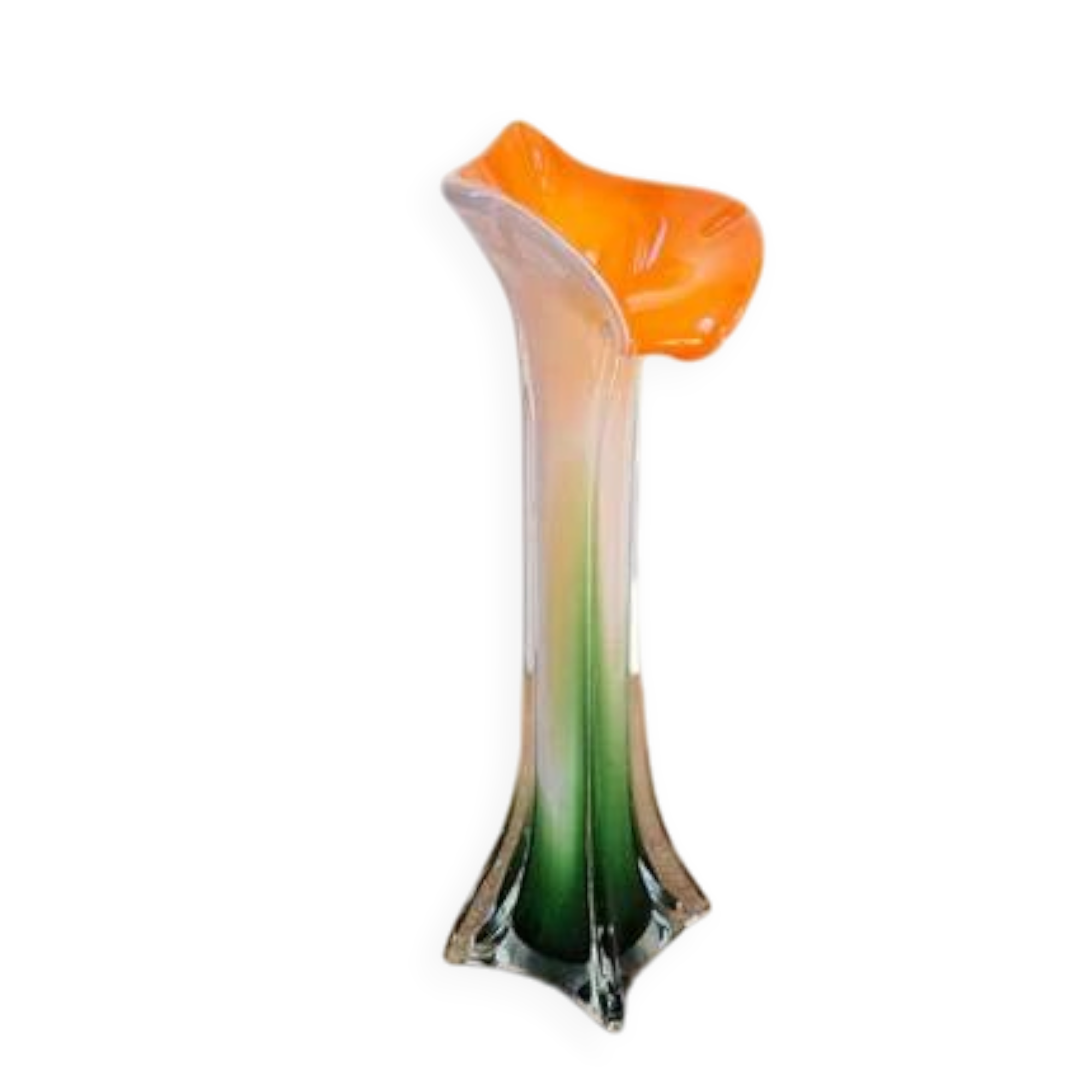 Vase en vert en forme de fleur vert et orange de style murano longiligne