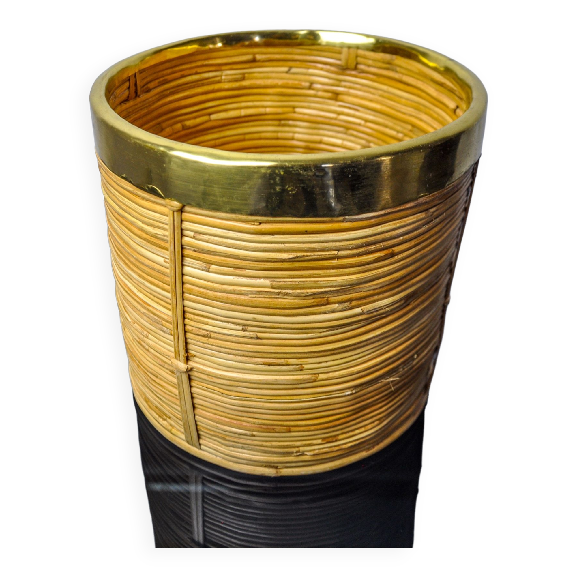 Rattan and brass book basket, Italy, 1970