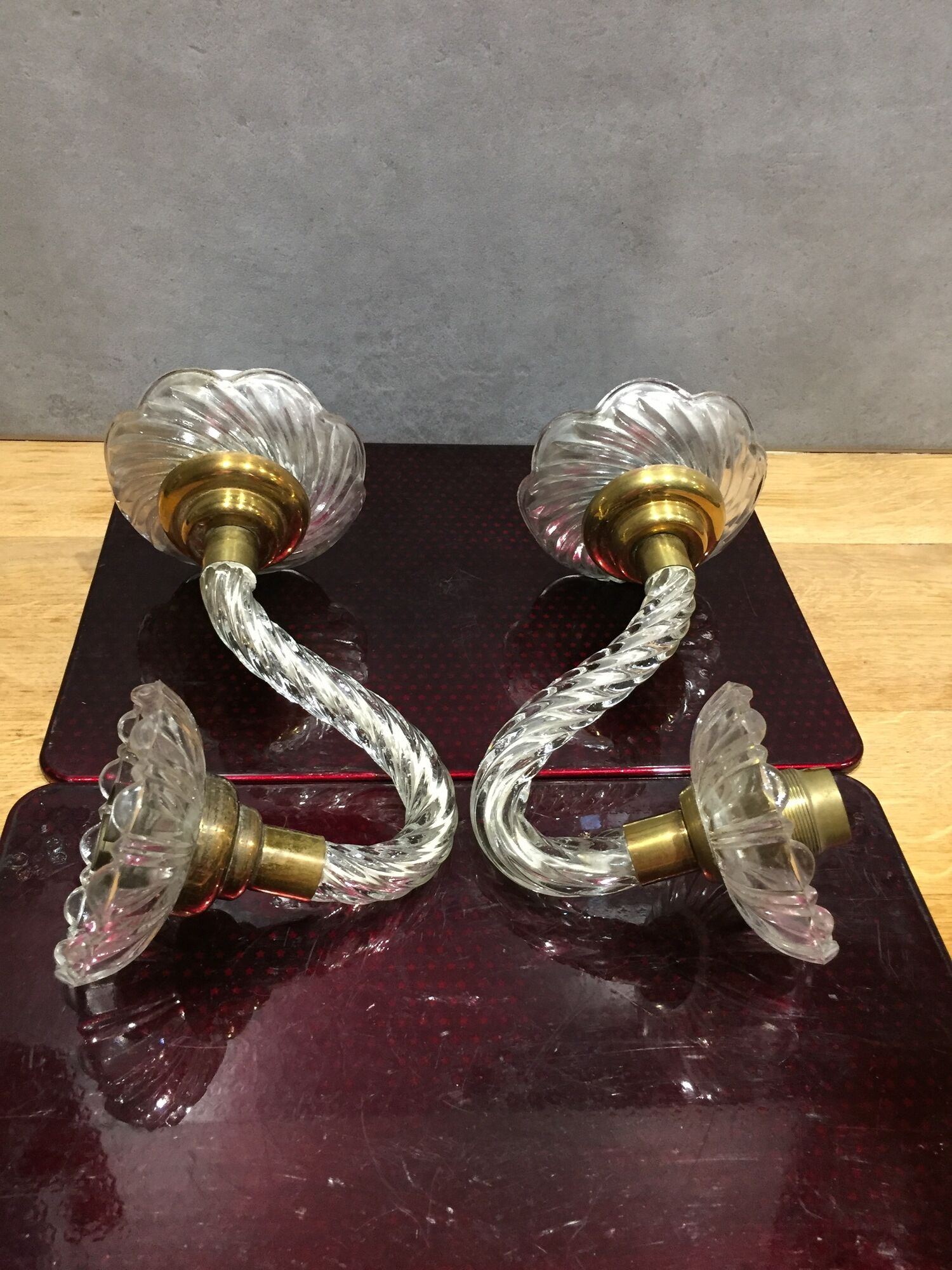 Pair of glass and gold metal sconces in the 1950s