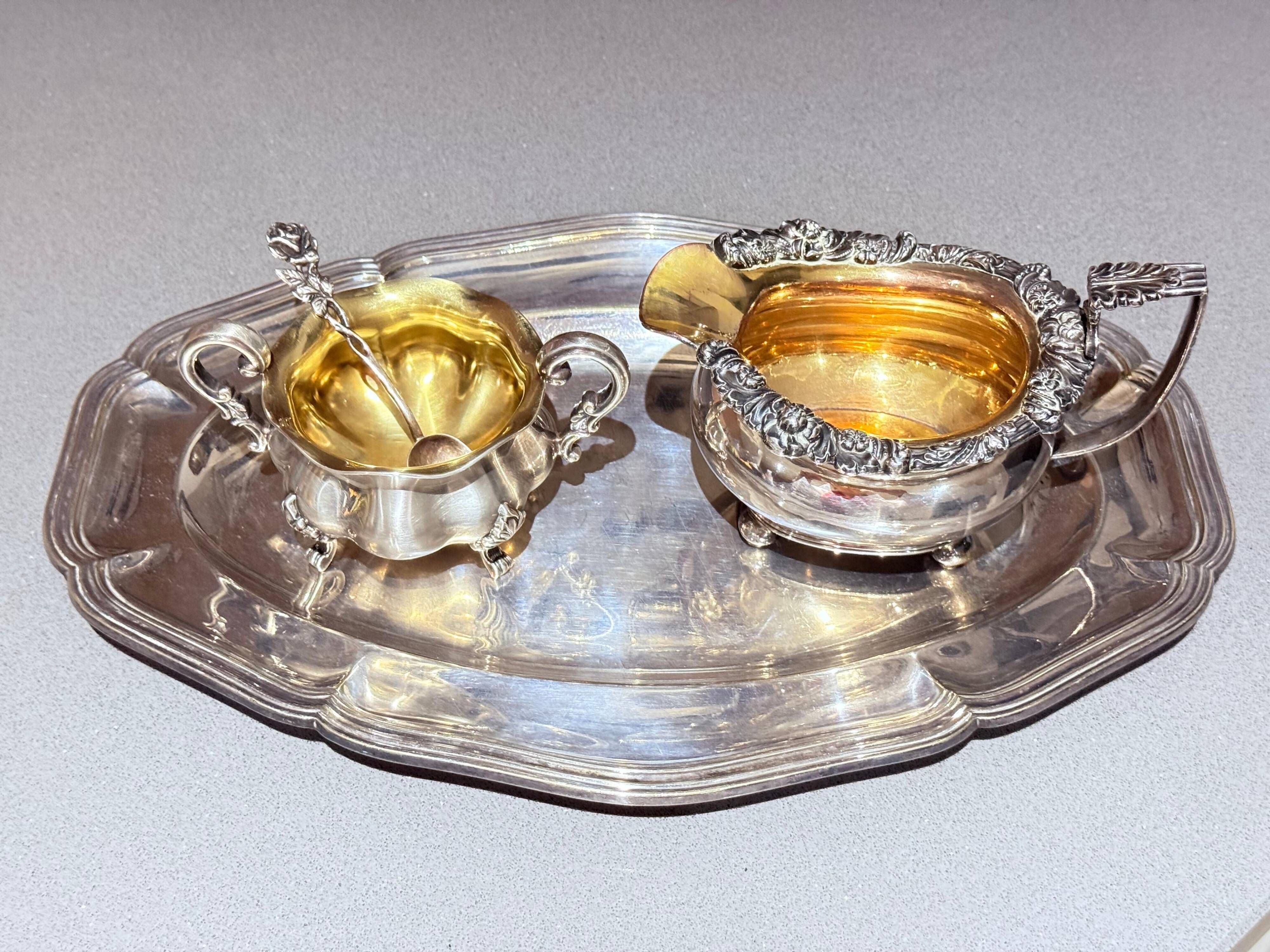 Antique Tea Set 4 Part English Silver Serving Tray, gild Home Decorative Objects