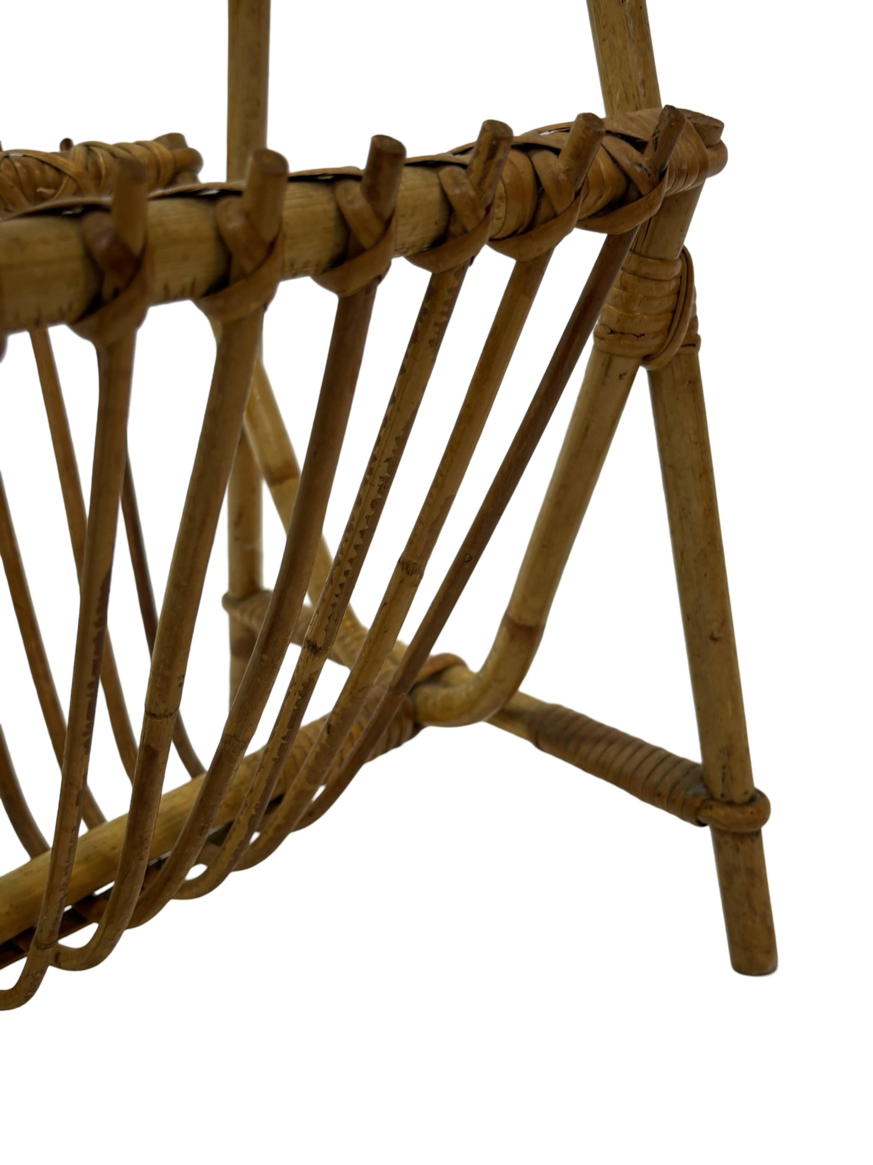 Vintage Rattan Magazine Basket Newspaper Rack 60s Rohe
