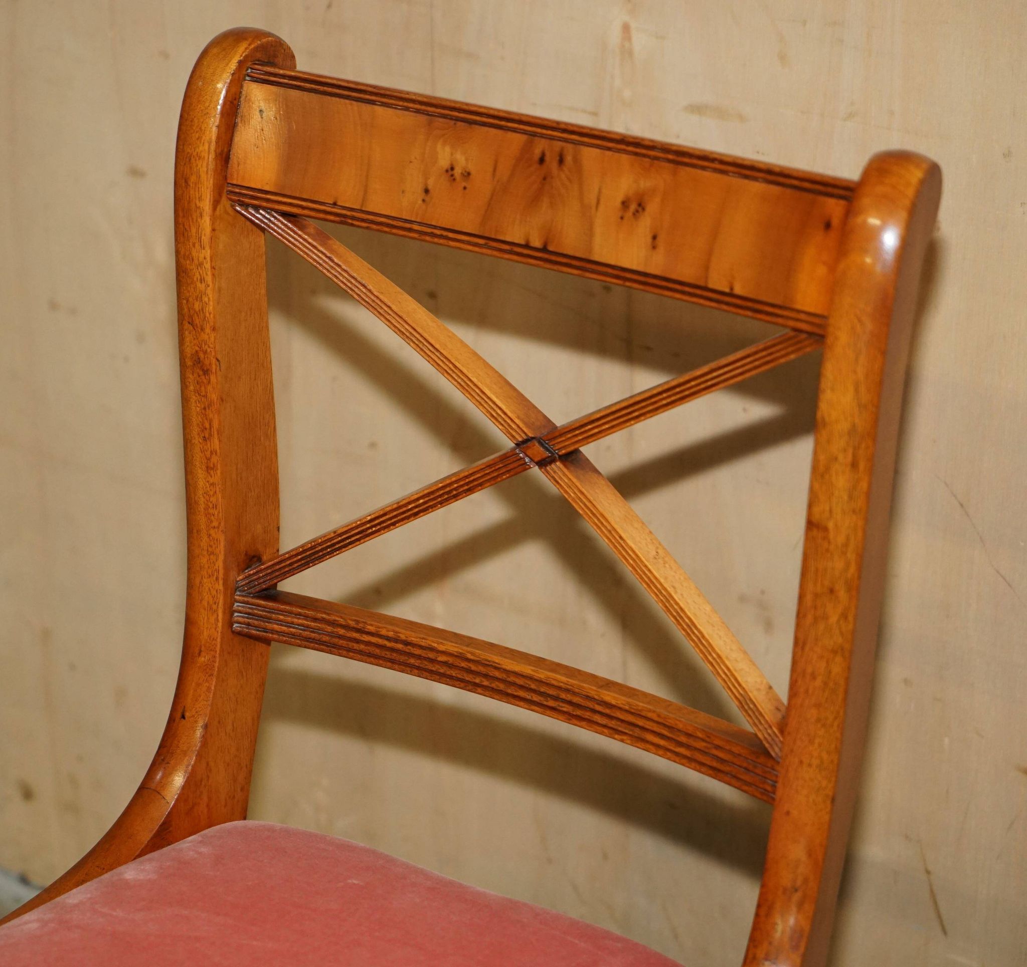 Vintage English walnut burr dressing table with mirror and chair.