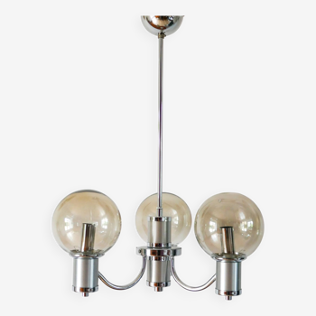 Three-branched chandelier, in chrome and smoked glass globes, Design, 1970