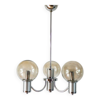 Three-branched chandelier, in chrome and smoked glass globes, Design, 1970