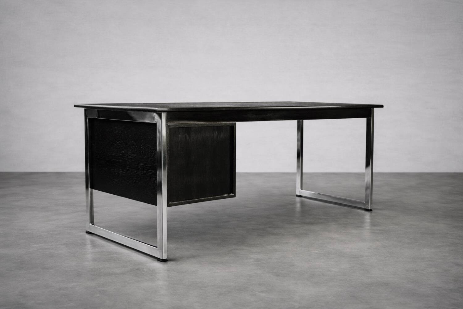 Vintage Mid-Century Danish Modern Minimalist Black Oak Desk with Chrome Base