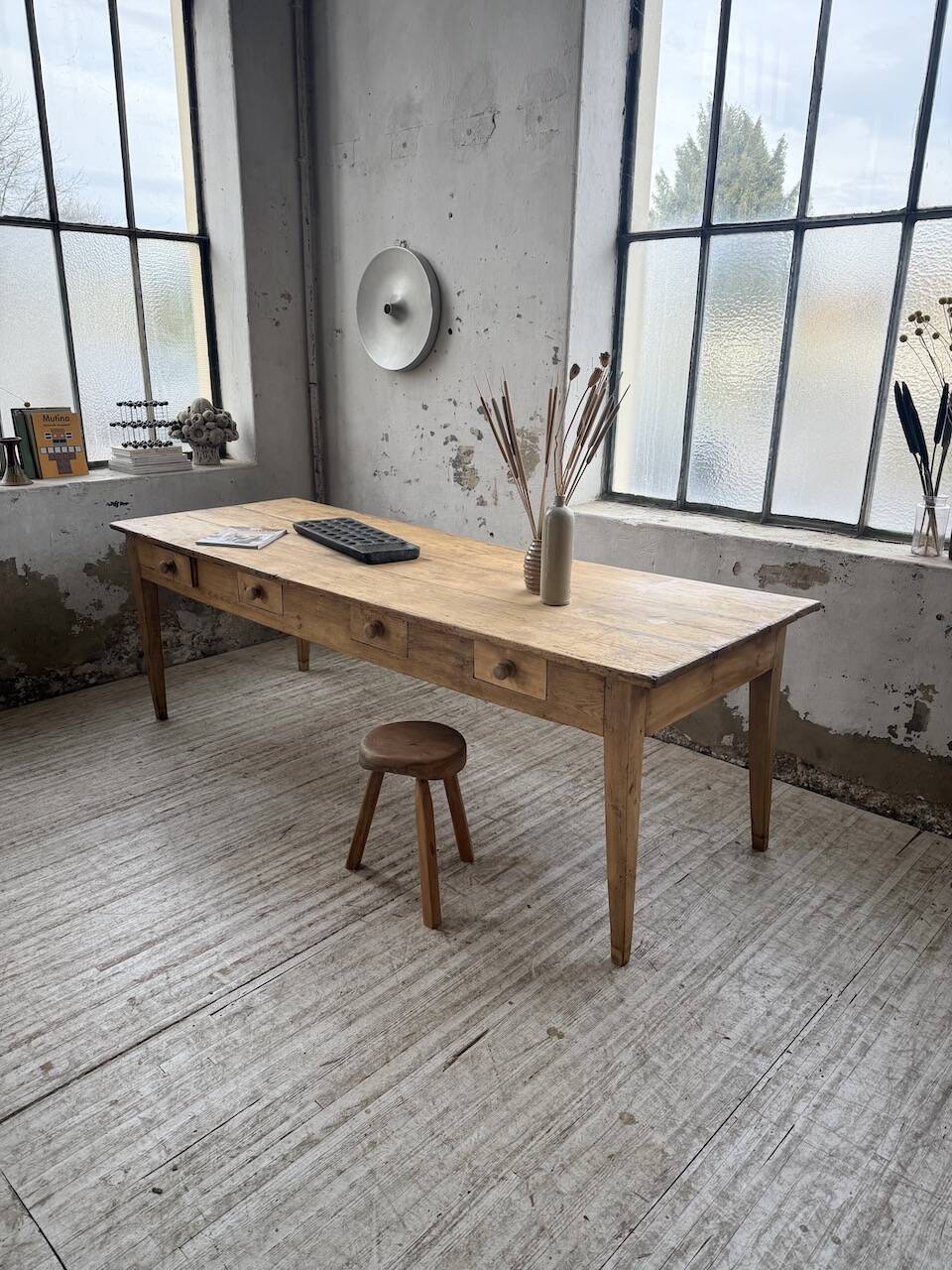 Pine and oak farmhouse table with multiple drawers, communal type, 240cm.