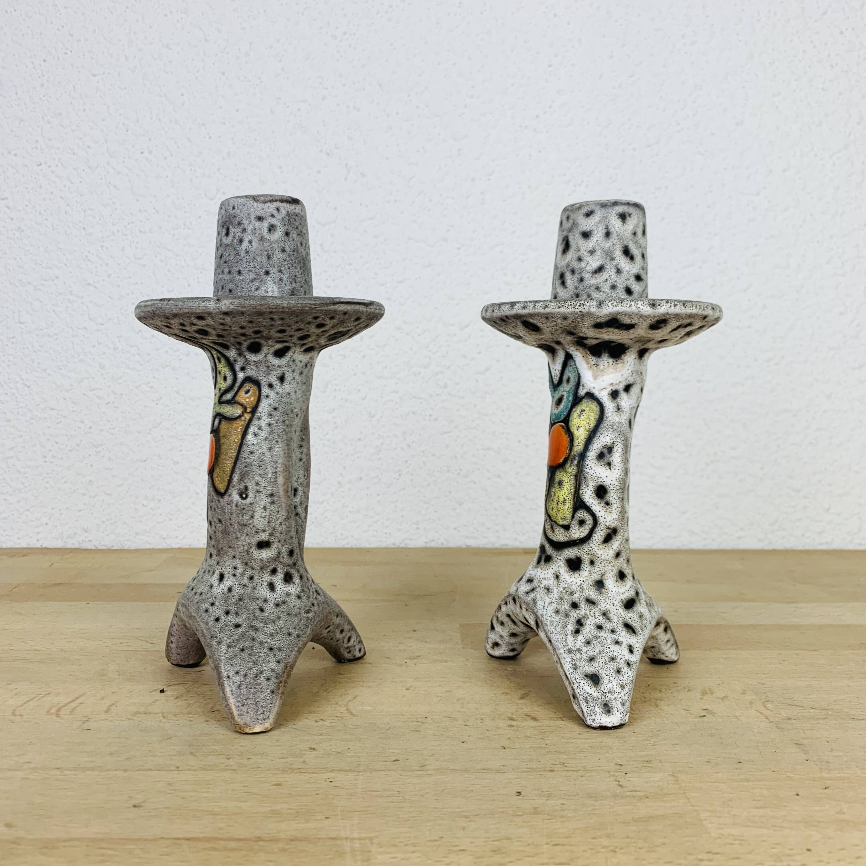 Pair of ceramic candlesticks by Marius Bessone in Vallauris