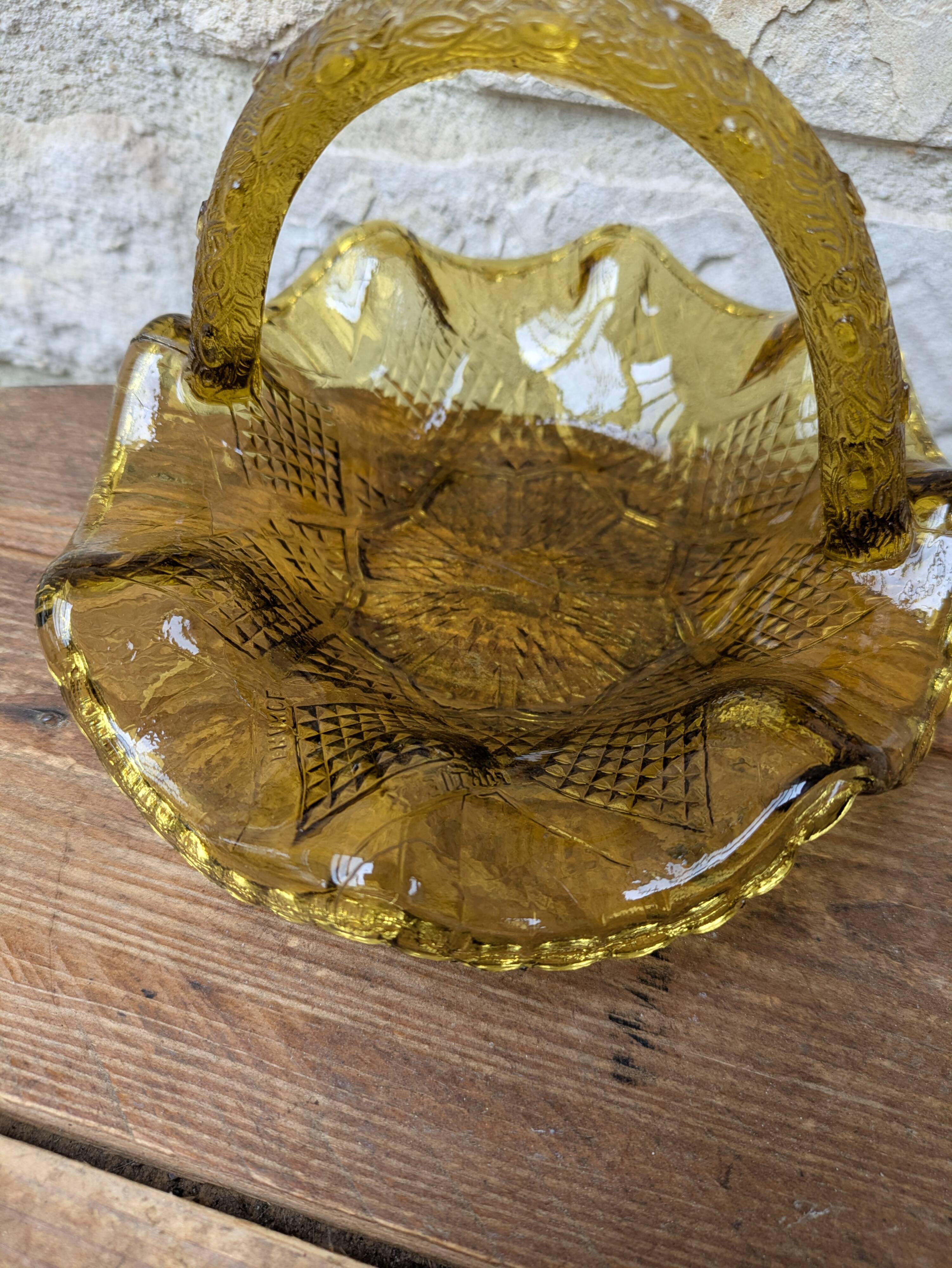 Small amber yellow glass pocket basket Portieux France