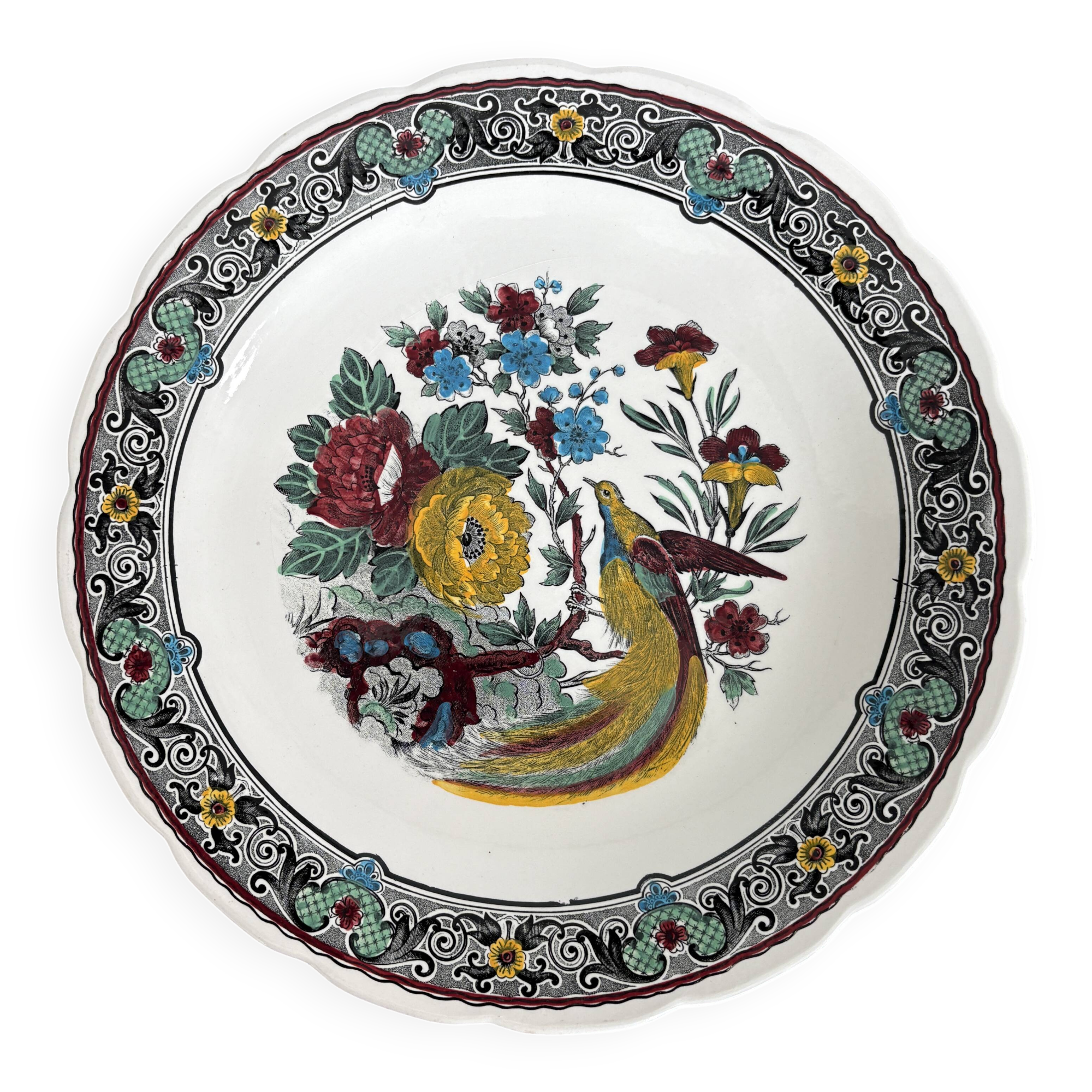 Large antique plate decorated with birds and flowers – Boch for Royal Sphinx