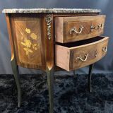 Small Louis XV style half-moon commode with marquetry and bronze decoration