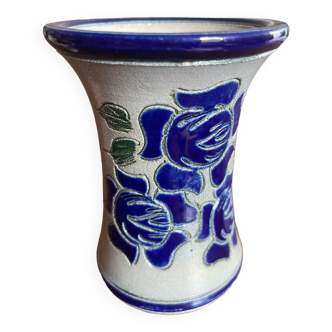 Vintage french burger betschdorf alsace stoneware vase, french vase, cottage style vase, stoneware vase, rustic vase, blue floral vase