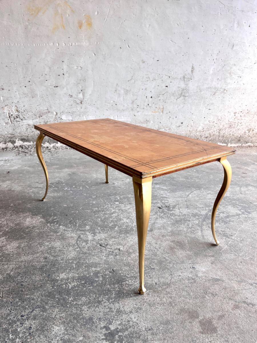 Mid-century wooden coffee table with golden metal legs and black-lined tabletop, 1950s