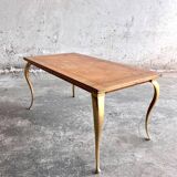 Mid-century wooden coffee table with golden metal legs and black-lined tabletop, 1950s