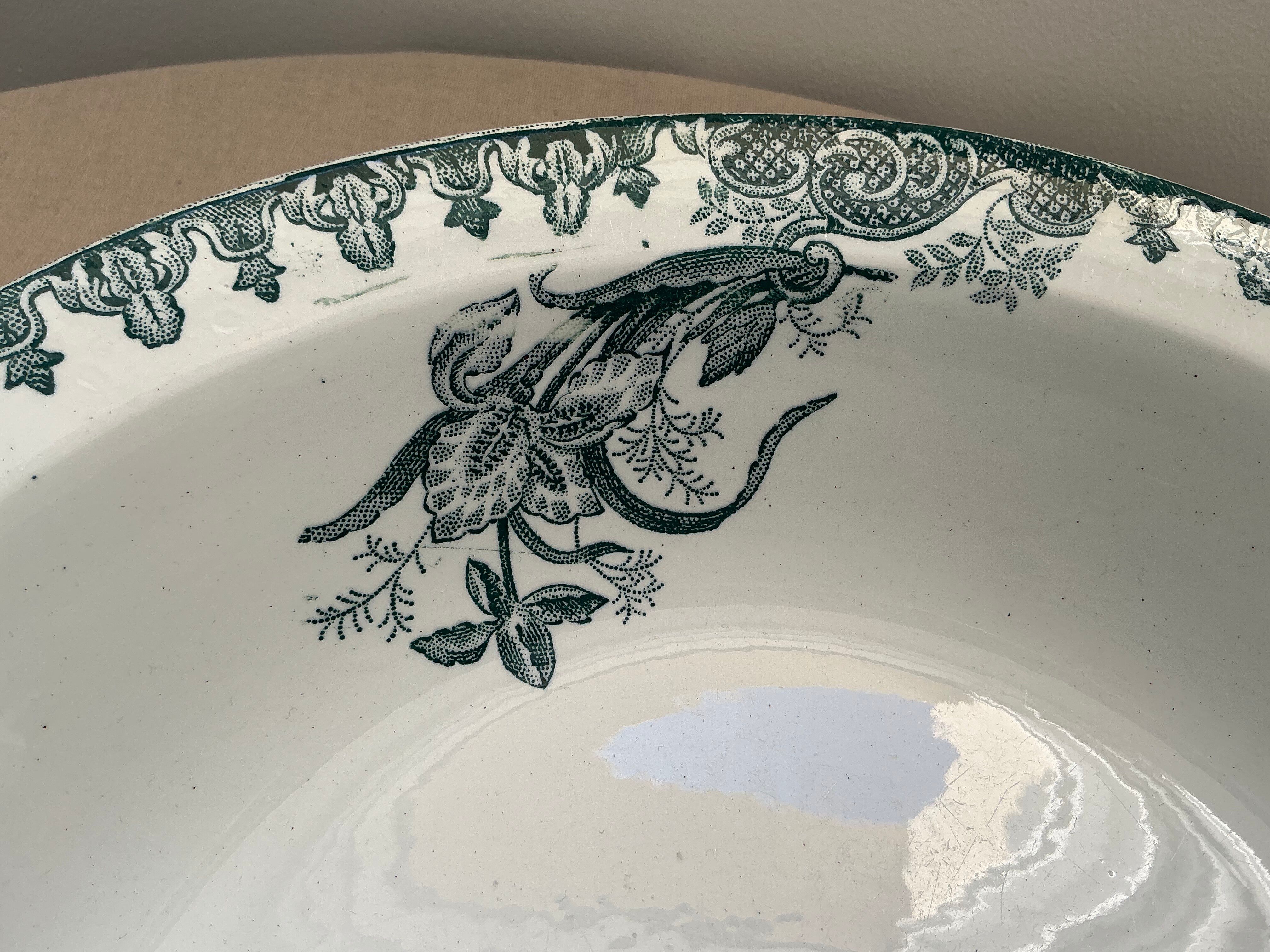 Old hollow dish, Ironstone, green floral decoration, 28 cm.