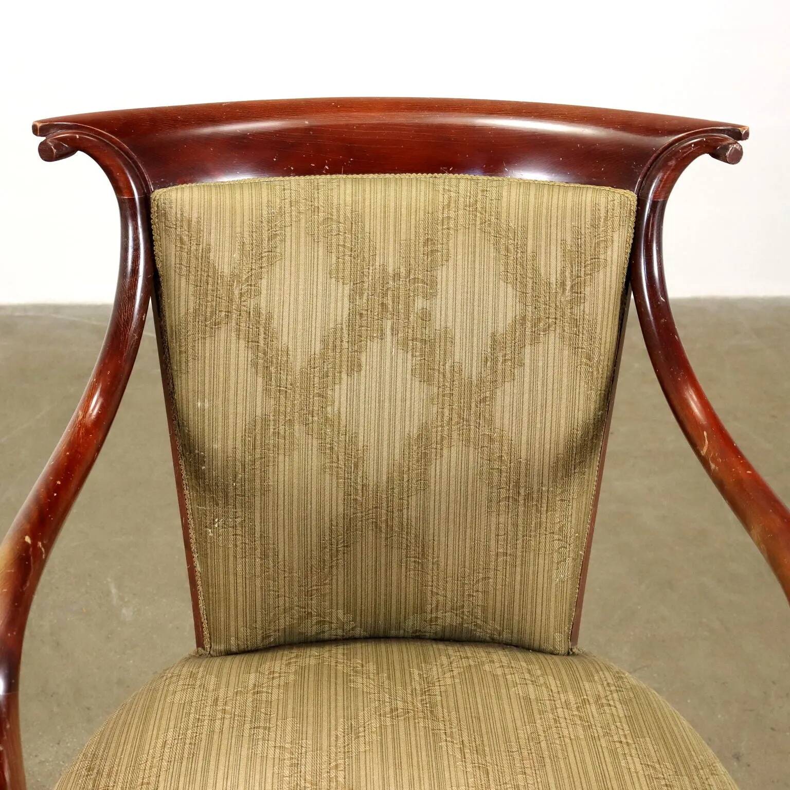 Vintage armchair in fabric and wood with armrests, design Italy 1950s-1960s