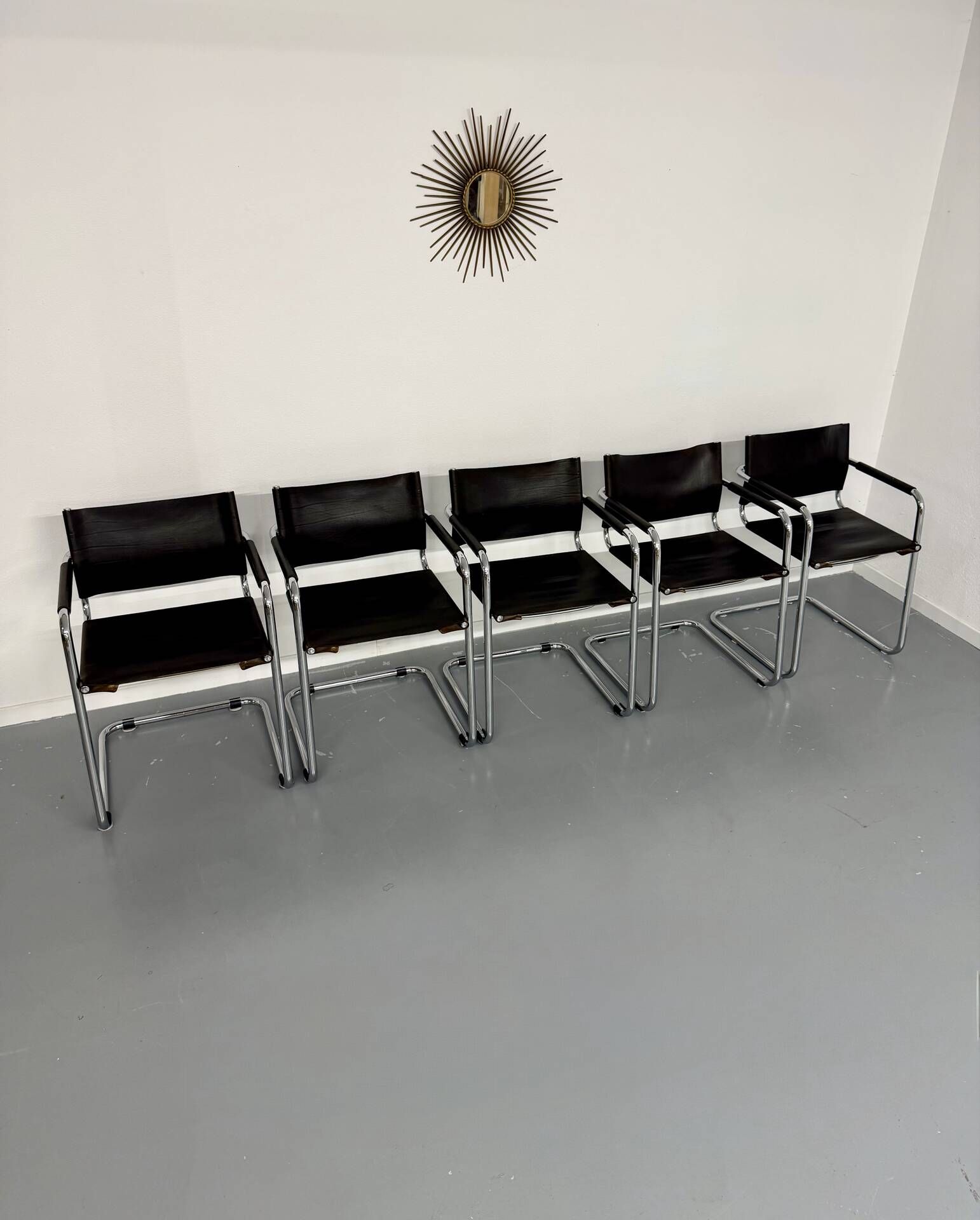 Lot of 5 tubular metal leather chairs designed by Mart Stam, Bauhaus, 1970s.