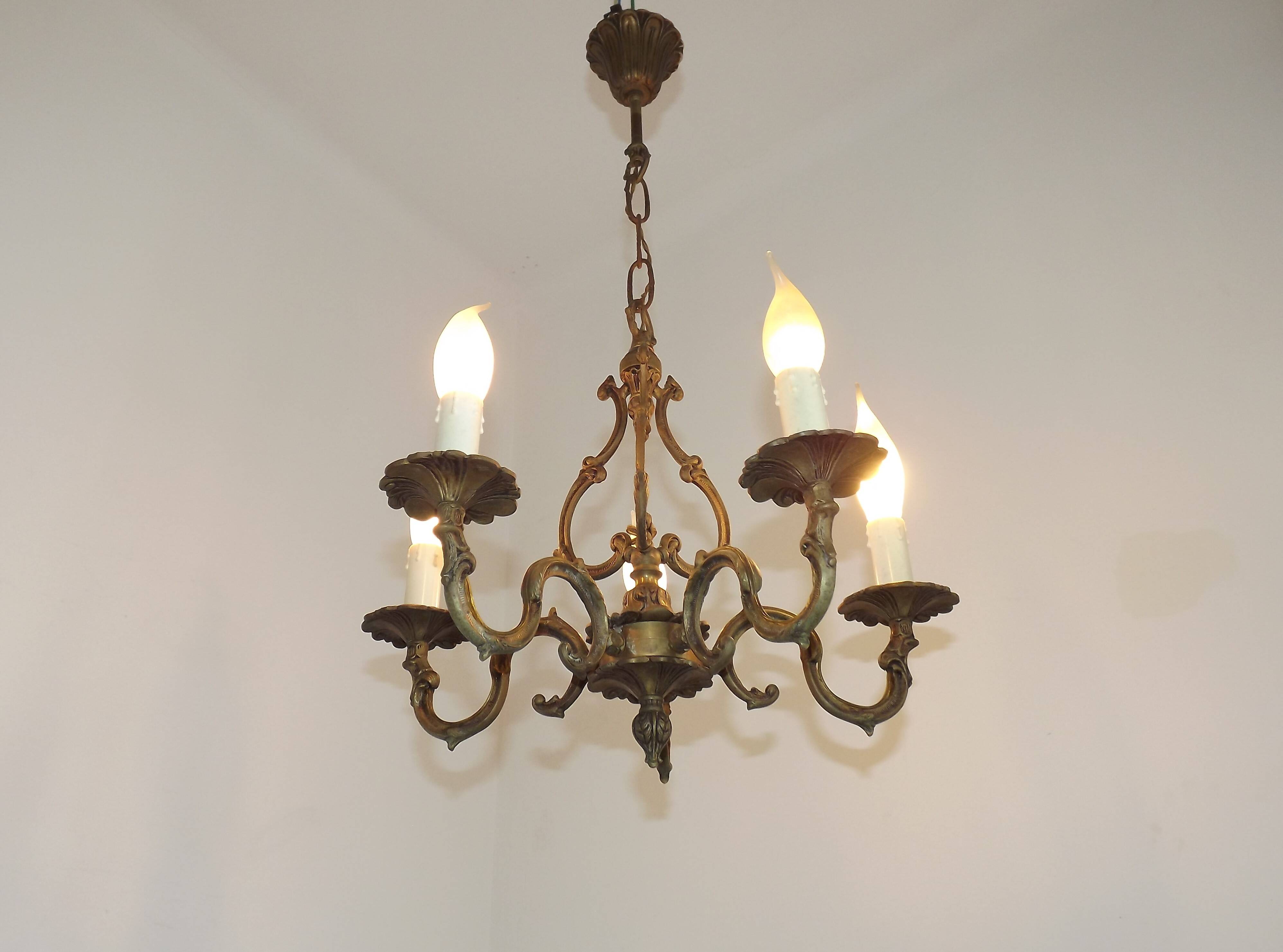 Elegant French Antique Bronze 5 Light 3 Sided Cage Style Chandelier