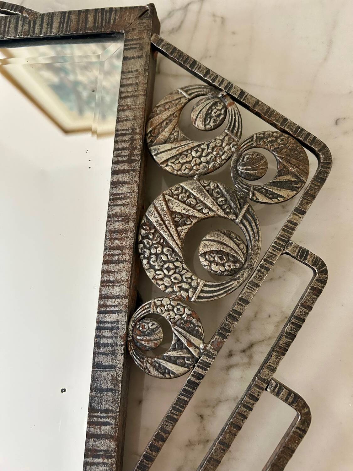 Art Deco mirror 1930 hammered iron and beveled mirror