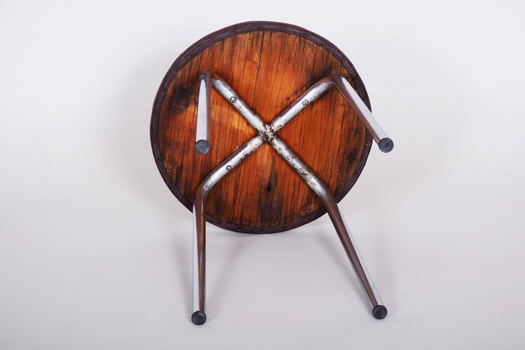 Small Bauhaus Round Leather & Chrome Stool by Robert Sezák, 1940s