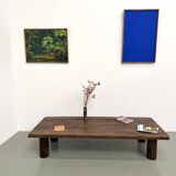 Modernist coffee table in solid elm, cylindrical pine base, 1970s.