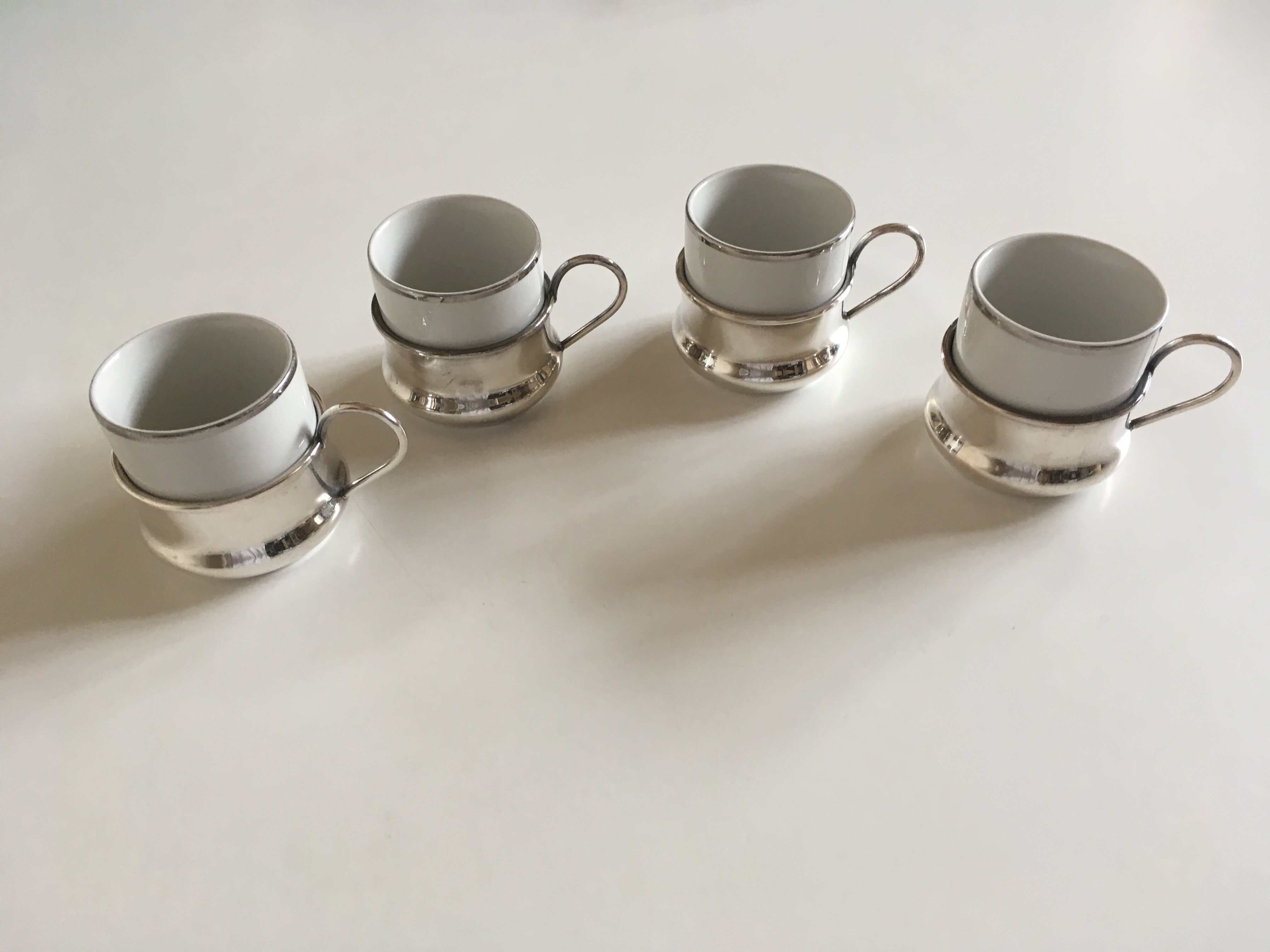 Set of 4 coffee cups silver metal coves Italian design, 70s