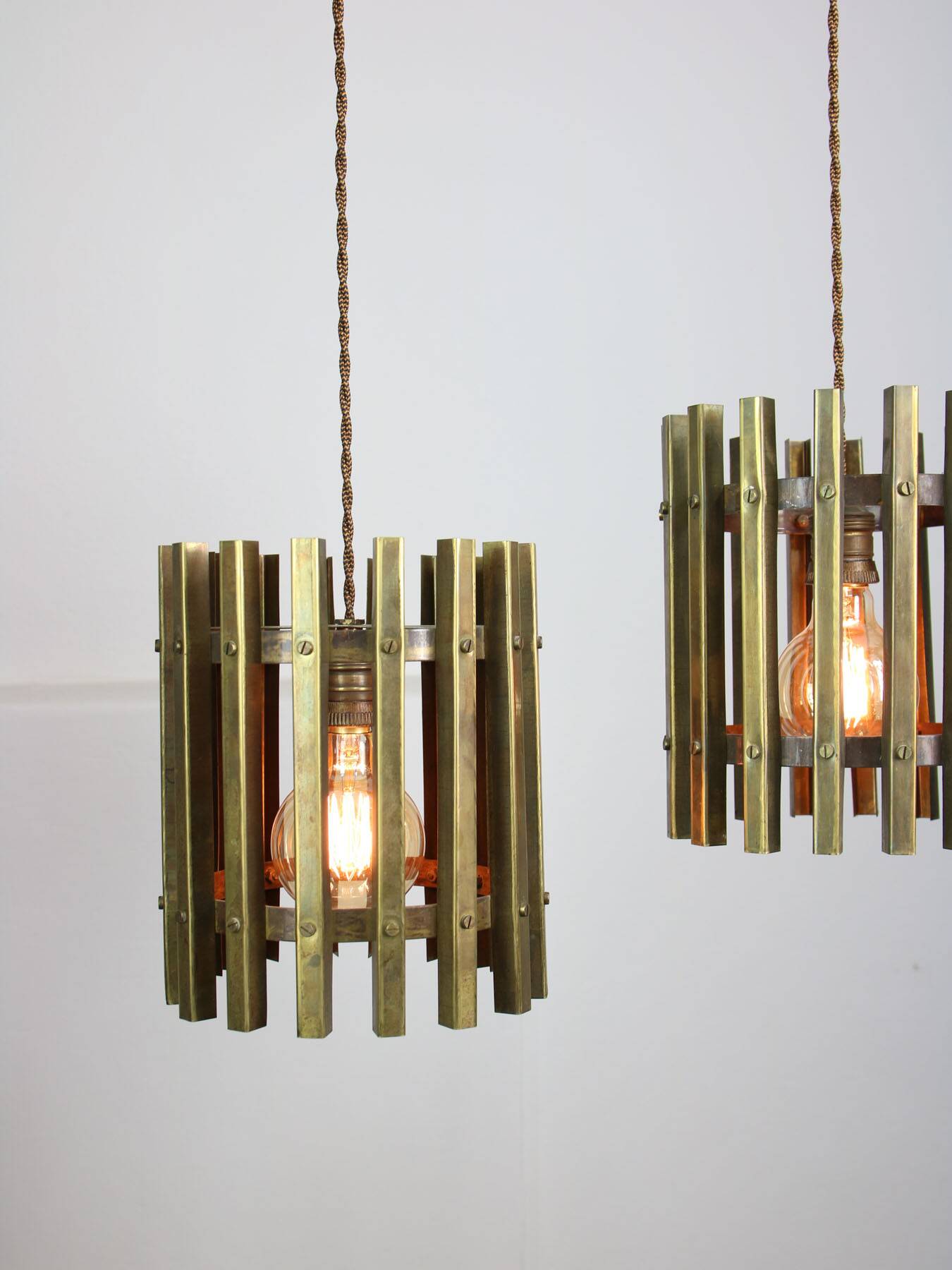Vintage Italian Brass Cage Pendant Lamp, 70s