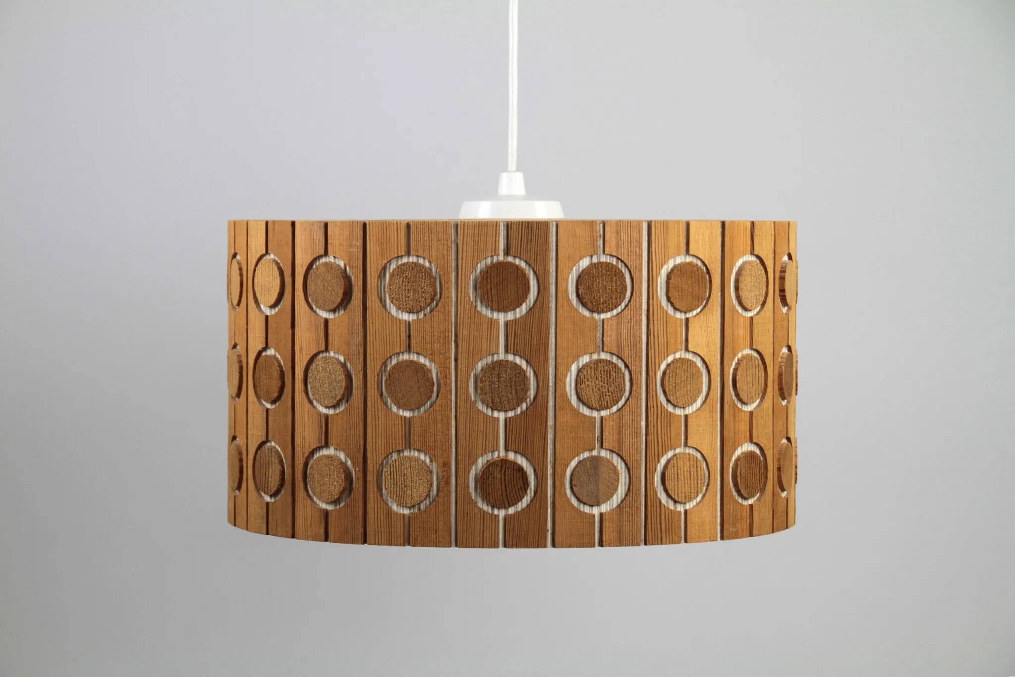 Pine Pendant Lamp – Cylindrical with Circle Pattern, Scandinavia – 1960s/1970s