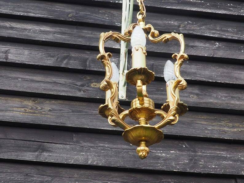 French Bronze Birdcage Chandelier: Louis XV Style 3-Branch Light