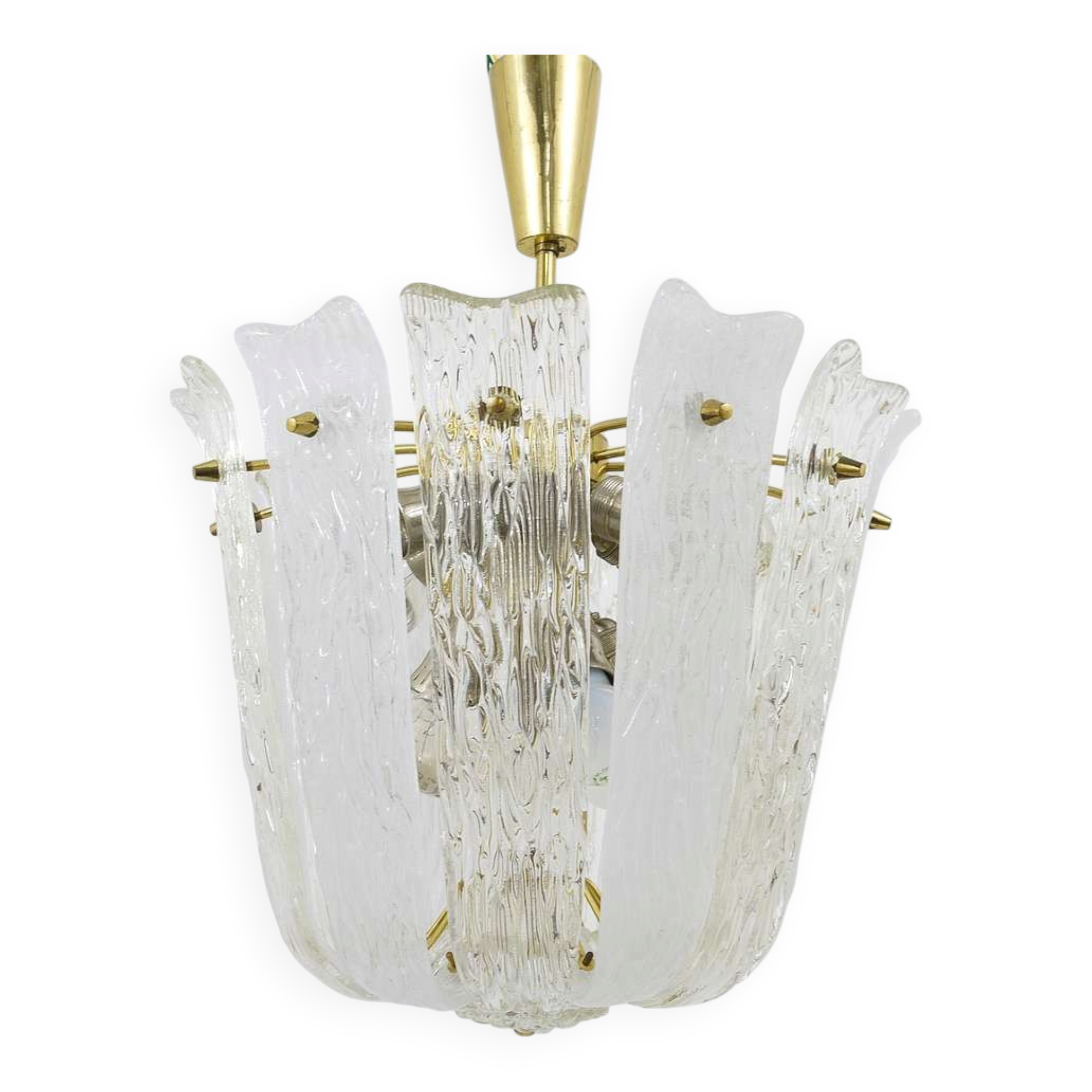 J.T. Kalmar Mid-Century Brass and Textured Glass Suspension Basket, Austria, 1950s