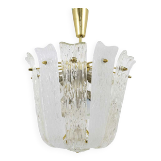 J.T. Kalmar Mid-Century Brass and Textured Glass Suspension Basket, Austria, 1950s