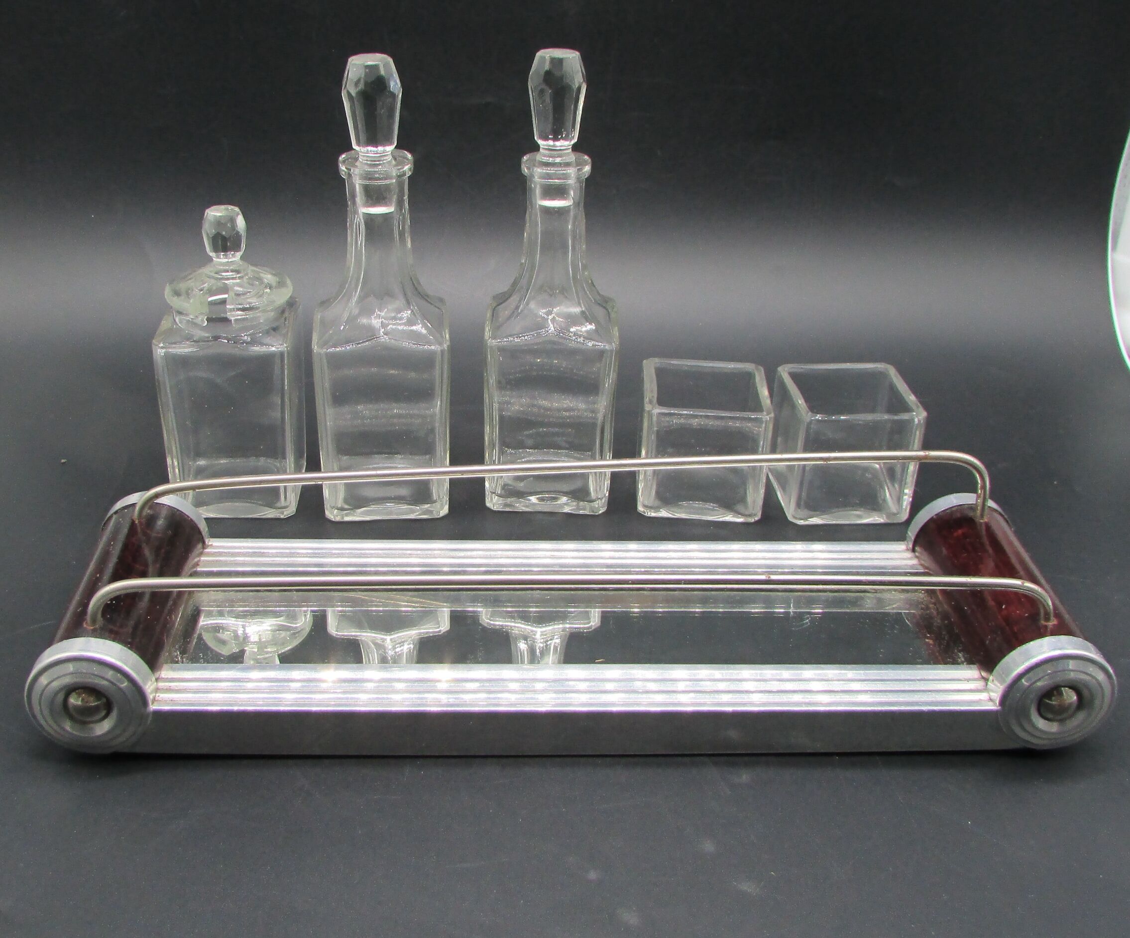 service to art-deco oiler condiments vinegar mustard pepper salt