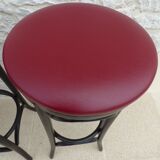 4 professional bistro stools with burgundy red imitation top in solid curved wood in the
