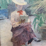 Oil on canvas painting XIX woman reading