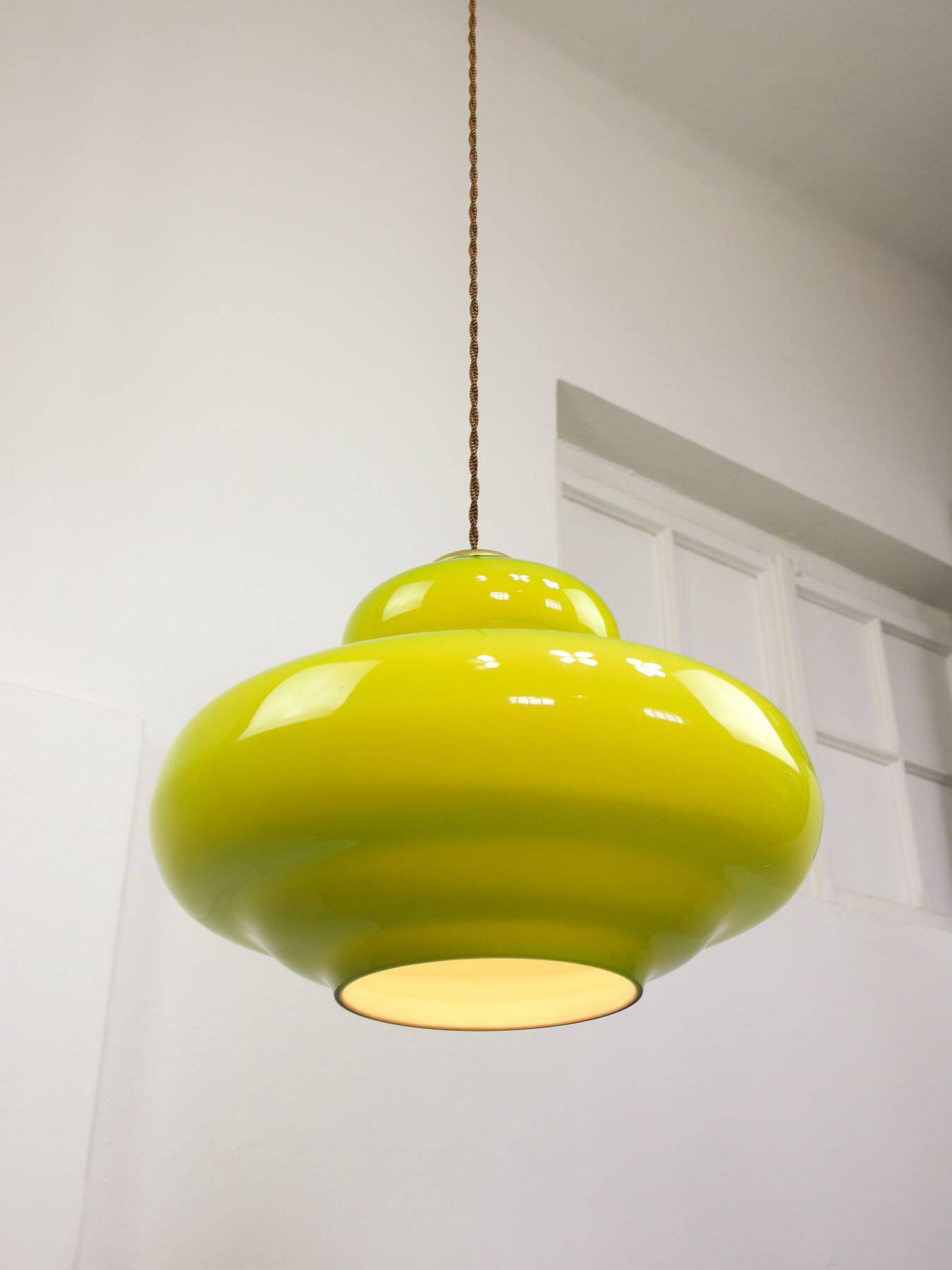 Mid-Century Italian Green Glass and Brass Pendant Lamp