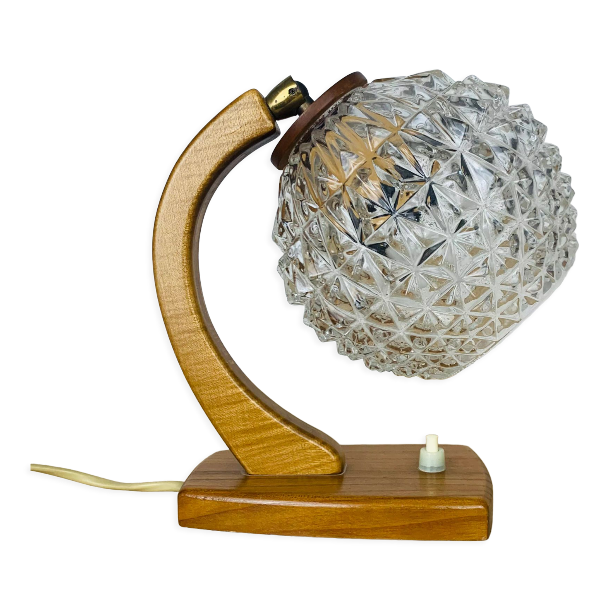 Lampe scandinave arc bois courbé globe verre ciselé
