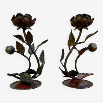 Pair of rose-shaped metal candle holders