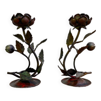 Pair of rose-shaped metal candle holders
