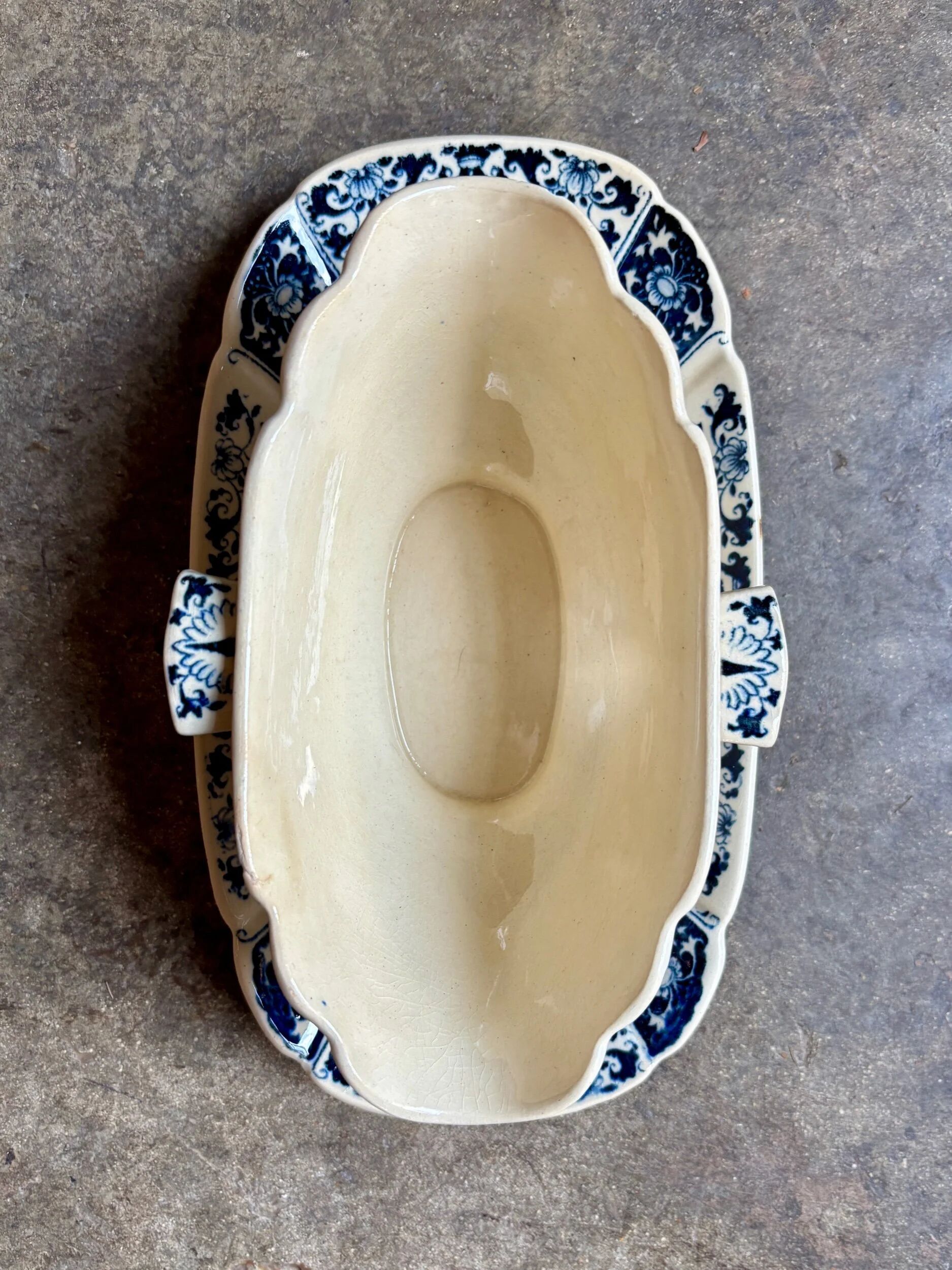 Blue ironstone sauce boat, "Blue Ibis" service no. 1.