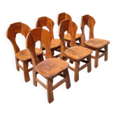 6 Chaises Brutalistes Belges en Chêne Massif