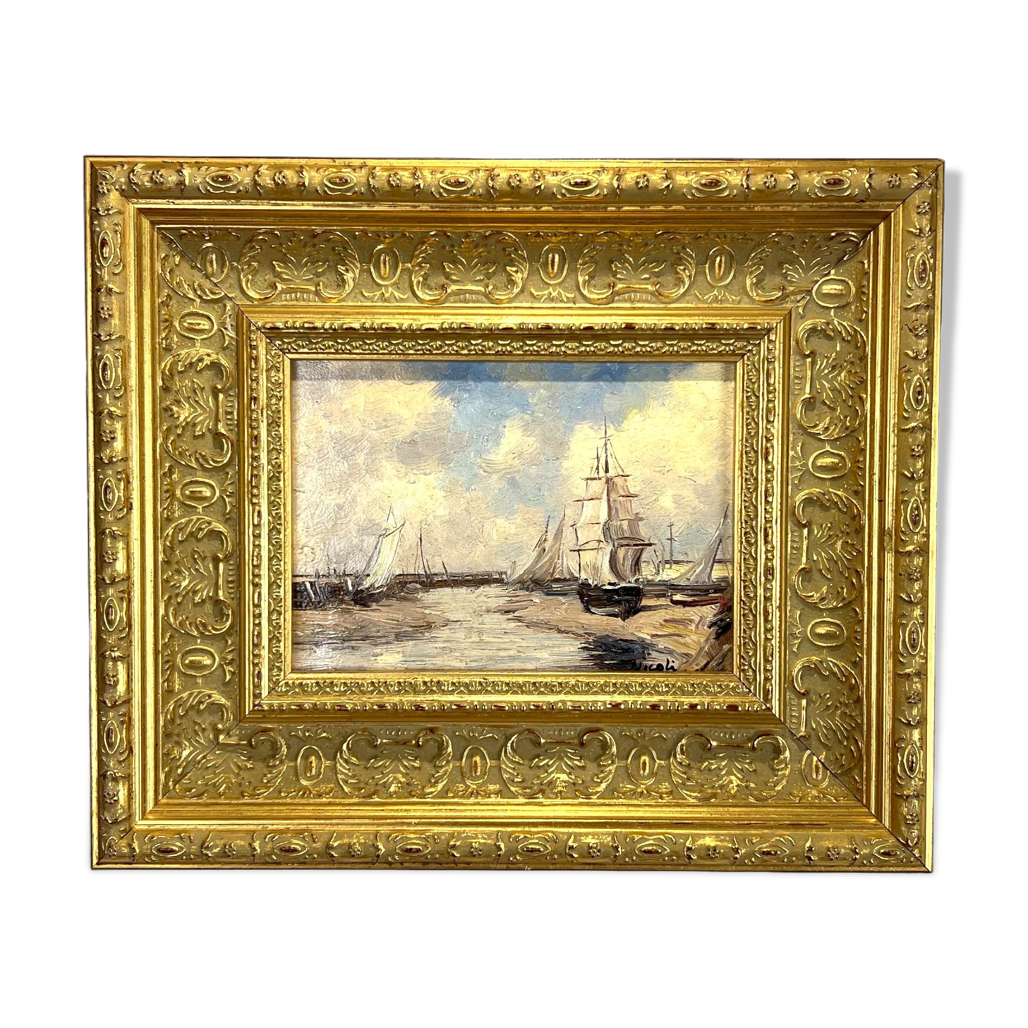 Painting / oil on canvas signed "f.nioli" (low tide) well framed
