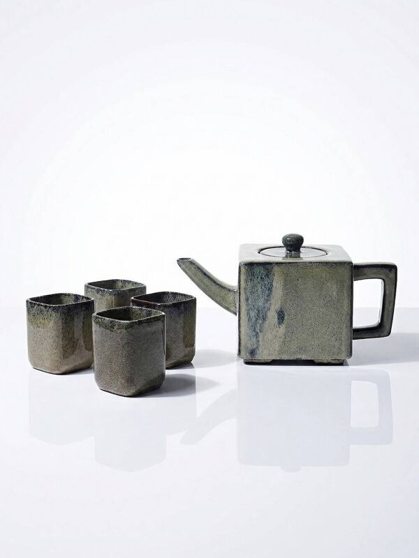 Service à thé chinois en terre cuite émaillée, théière et 4 tasses, années 1980