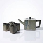 Service à thé chinois en terre cuite émaillée, théière et 4 tasses, années 1980