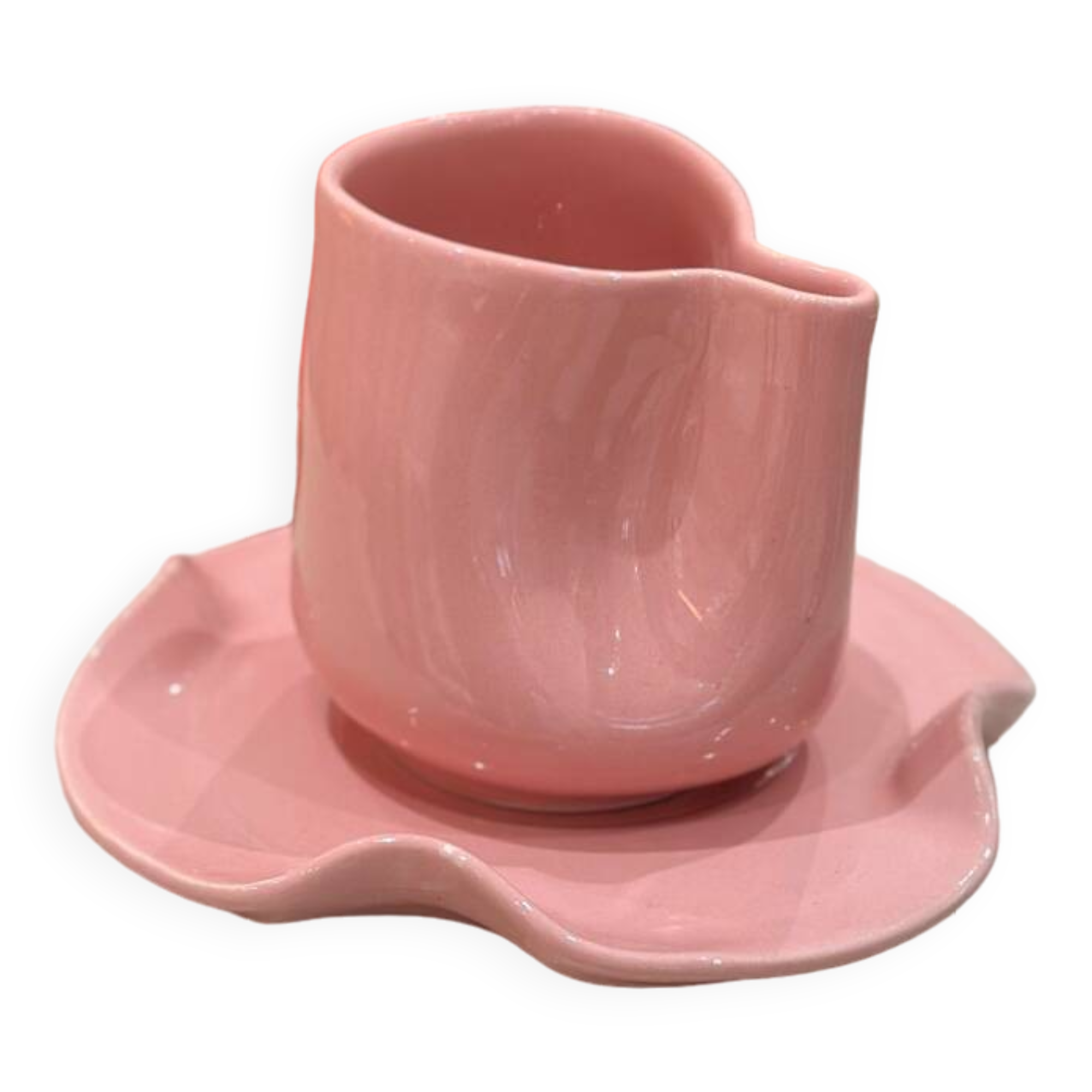Set of ceramic artisan mugs with pink pop Barbapapa water lily design.