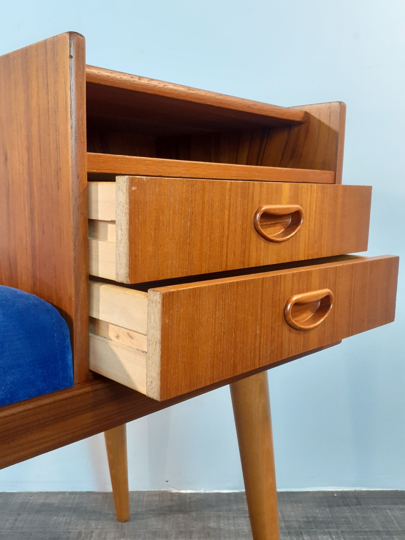 Bench Norwegian Phone Teak and blue fabric, Vintage Scandinavian 1970s